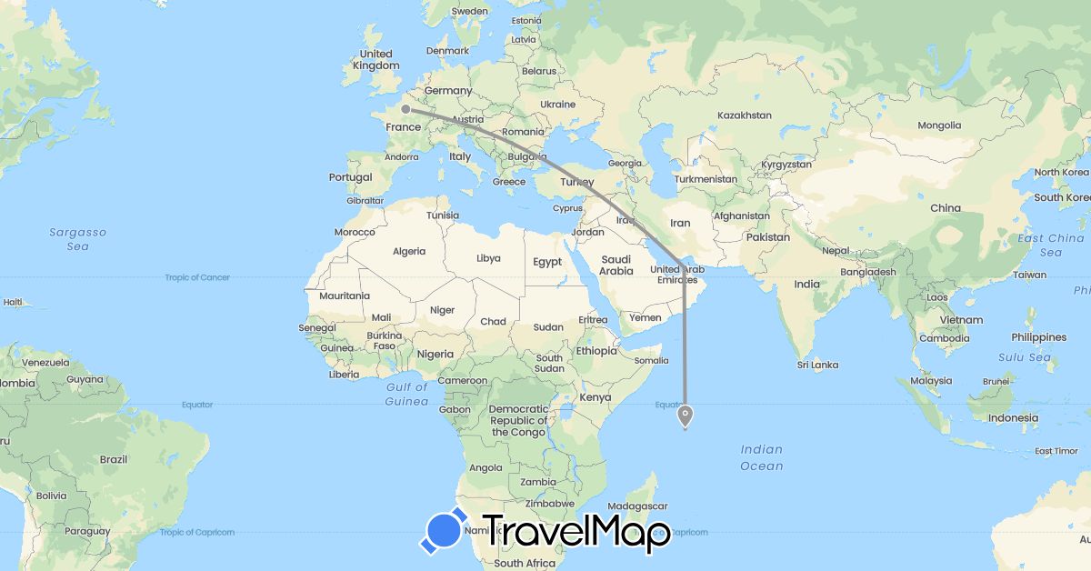 TravelMap itinerary: driving, plane in United Arab Emirates, France, Seychelles (Africa, Asia, Europe)